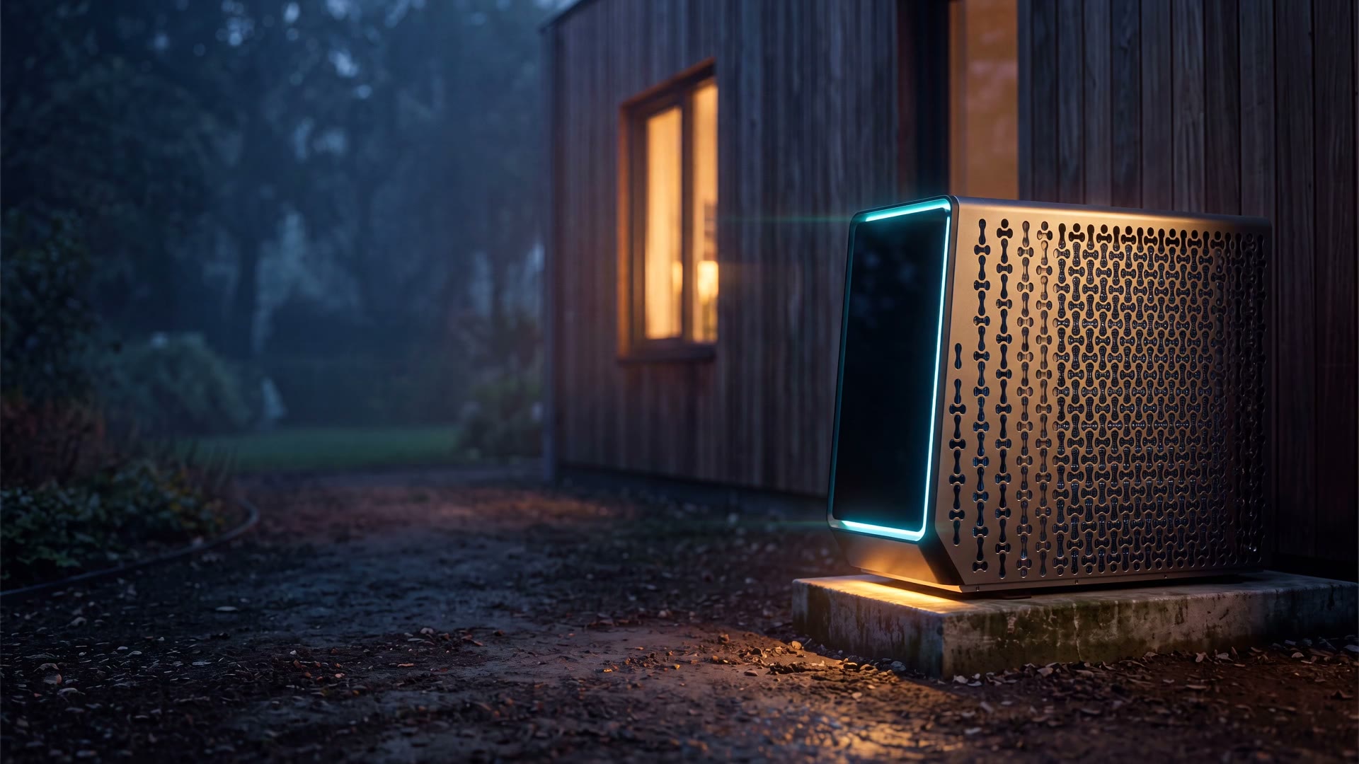 Fairland INVER X 7 warmtepomp naast een houten villagevel in de vroege ochtend, LED-rand verlicht