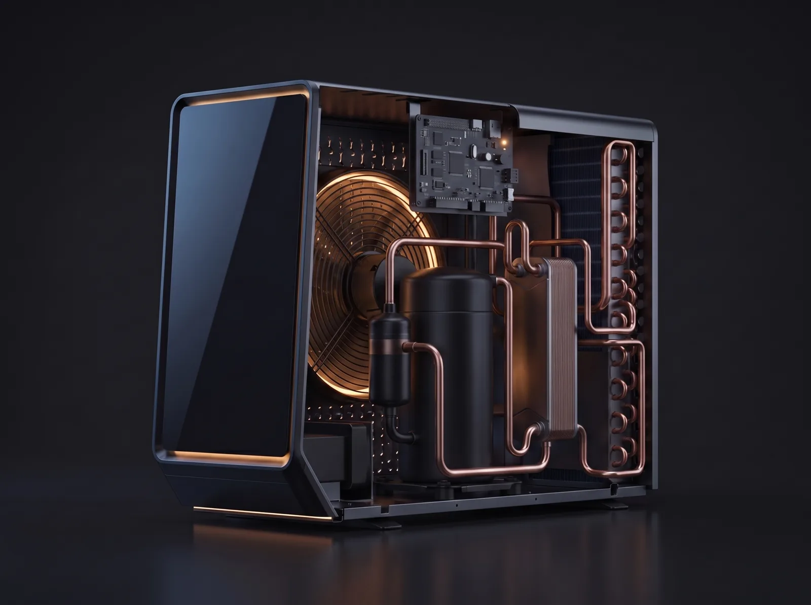 Cutaway van de warmtepomp met amber verlichte ventilator en multi-hole aanzuigpaneel