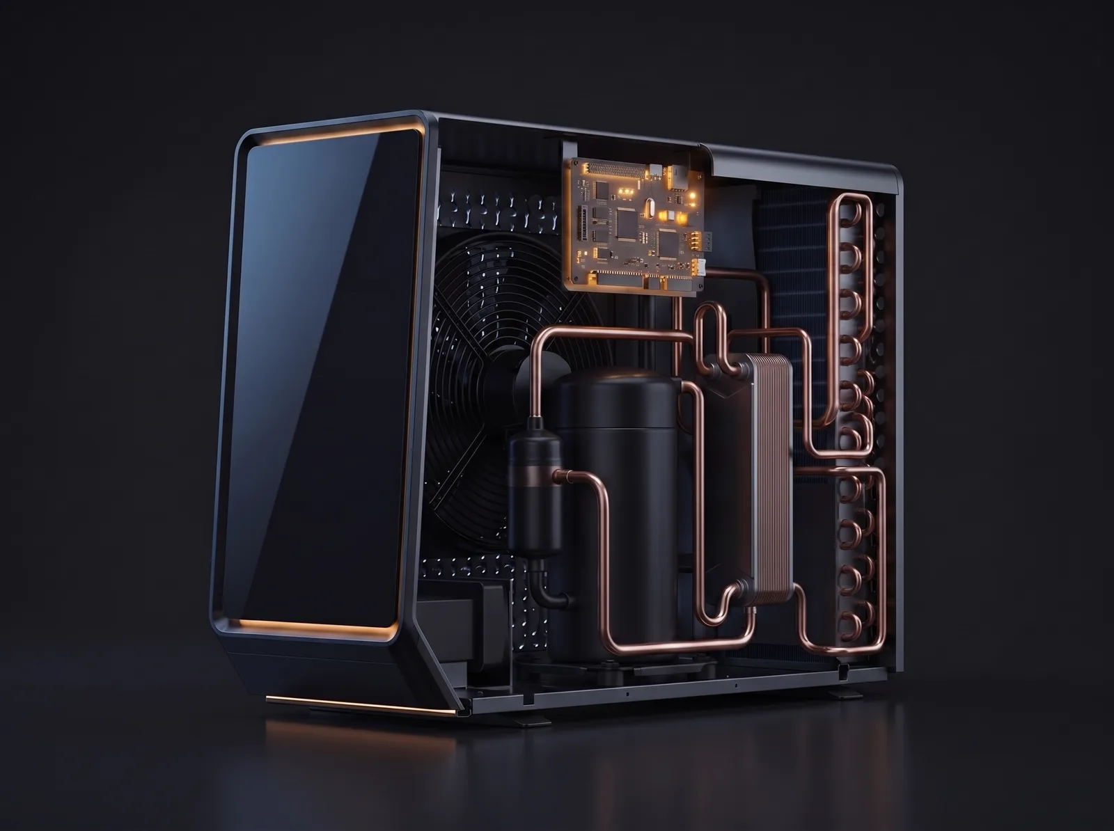 Cutaway van de warmtepomp met amber verlichte regelelektronica